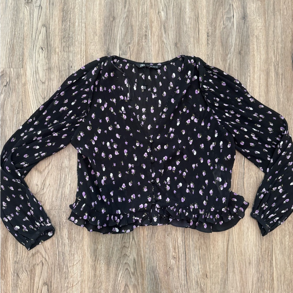 Zara Floral Black and Purple Women's Top